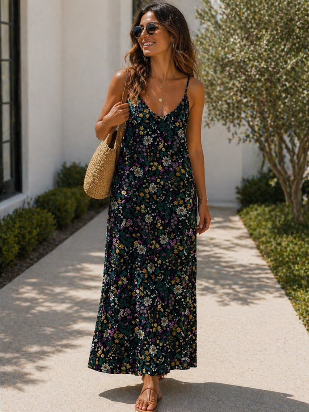 Old Navy Black Floral V-Neck Maxi Dress
